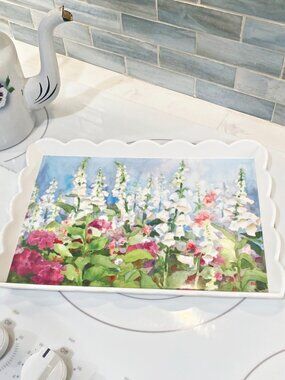 Judy Buswell Signed Melamine Tray Floral Scallop Edge 11 1/2" x8" Italy Vintage